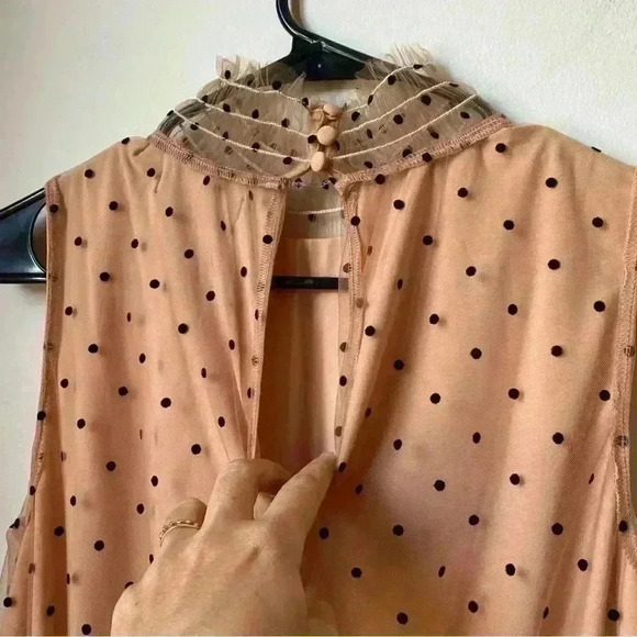Banana Republic NWT Pink Mesh Top XS Black Polka Dots Button Neck Office Attire - Picture 8 of 13